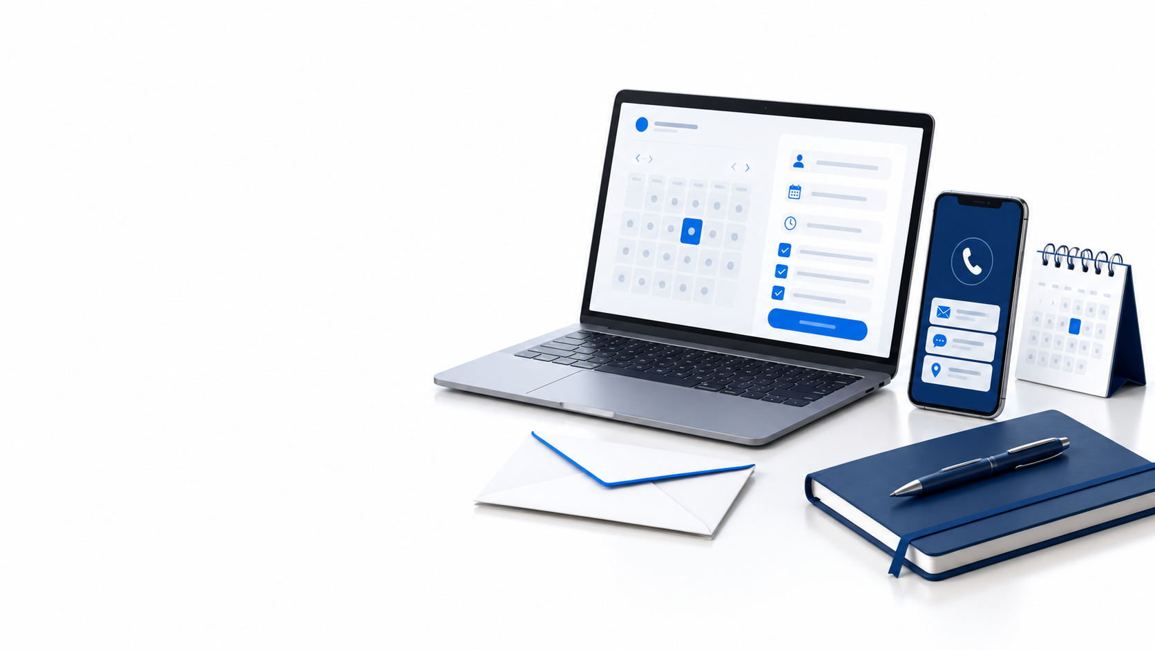Laptop with a consultation calendar beside a phone, envelope, calendar, and notebook
