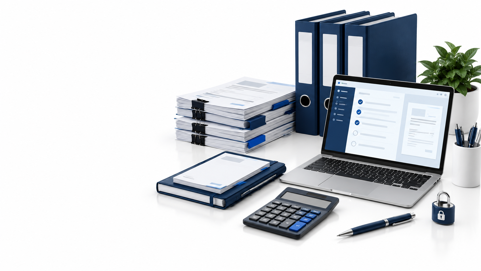Organized client workpapers, navy folders, and a laptop checklist for accounting firm back-office support